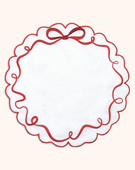 Individuales Red Bow en Lino Blanco con Bordado de Moño Rojo. Set de 4