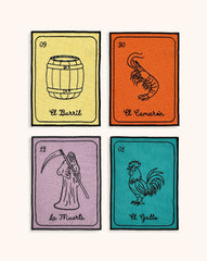 Cocteleras Lotería con Bordado Negro en Algodón de Colores. Set de 4. Vol. 2