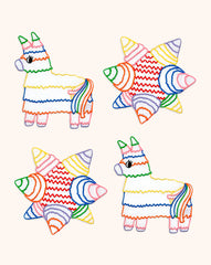 Cocteleras Posada en Lino Blanco con Bordado de Piñata y Burrito de Colores. Set de 4