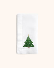 Servilleta en Lino Blanco con Bordado de Arbolito Navideño. Set de 4