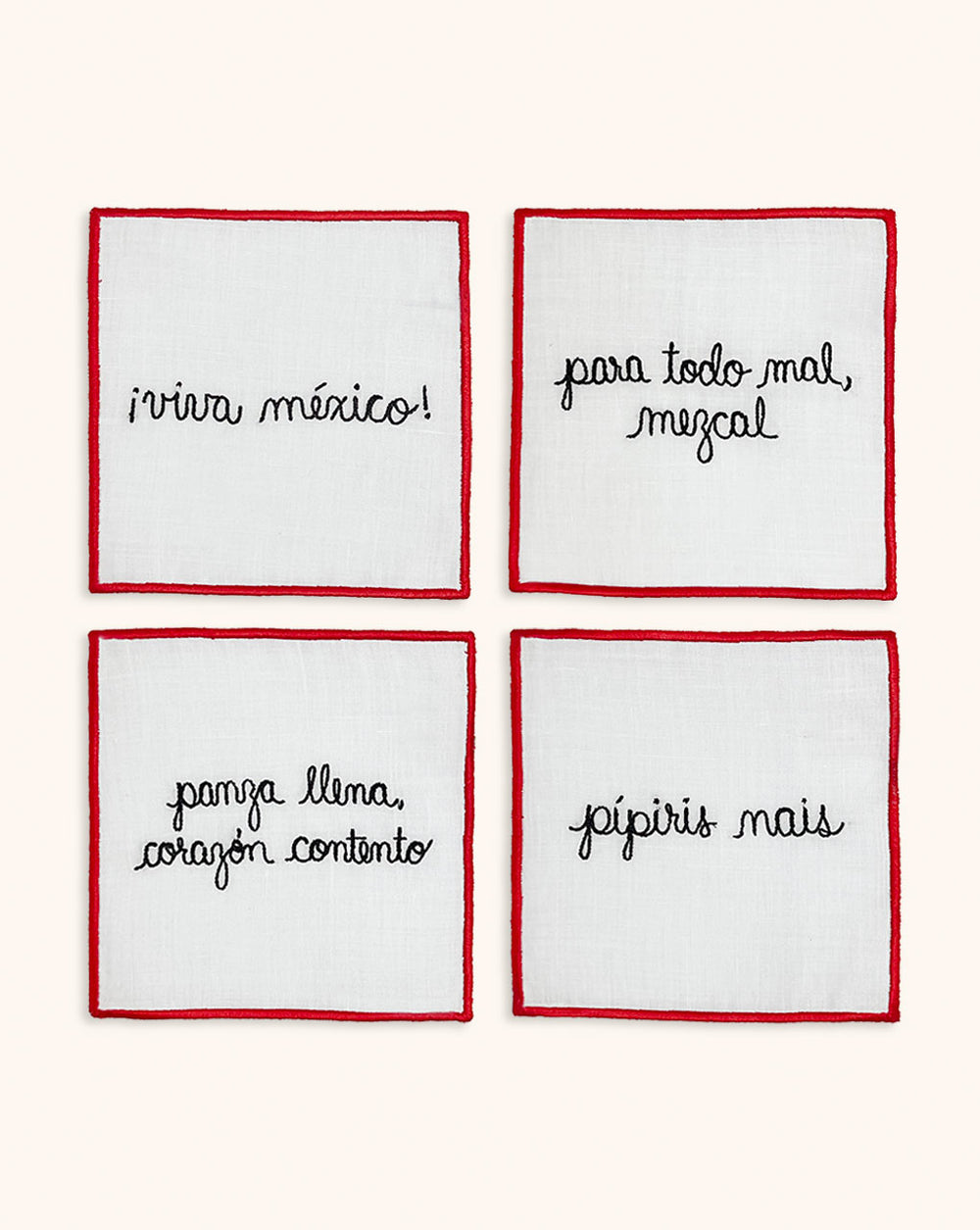 Juego de 4 Servilletas de coctel Bordadas con frases de Viva México Rojo