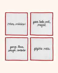 Juego de 4 Servilletas de coctel Bordadas con frases de Viva México Rojo
