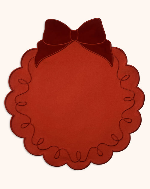 Individual Moño Rojo en Algodón con Terciopelo Rojo. Colección Navidad. Set de 4