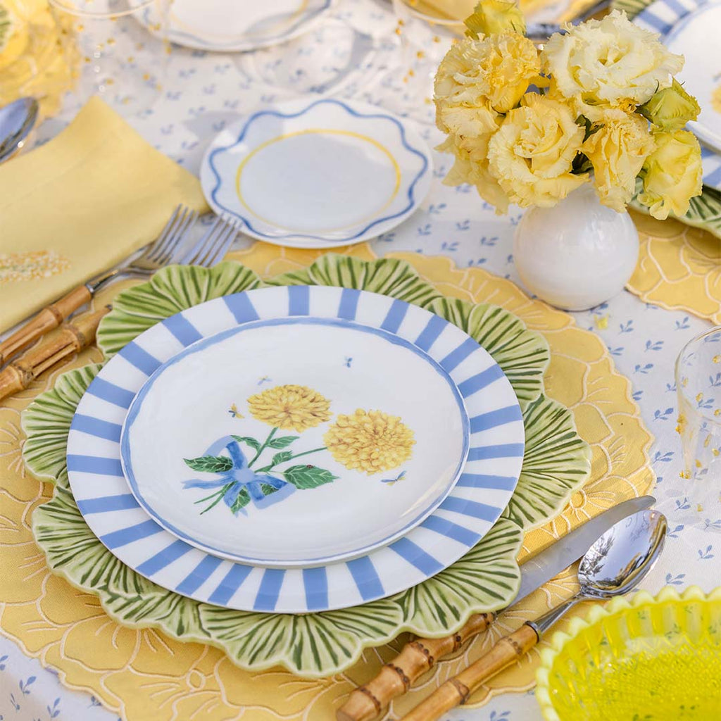 Bajo Plato Margaritas Verdes y Amarillo. Set de 4