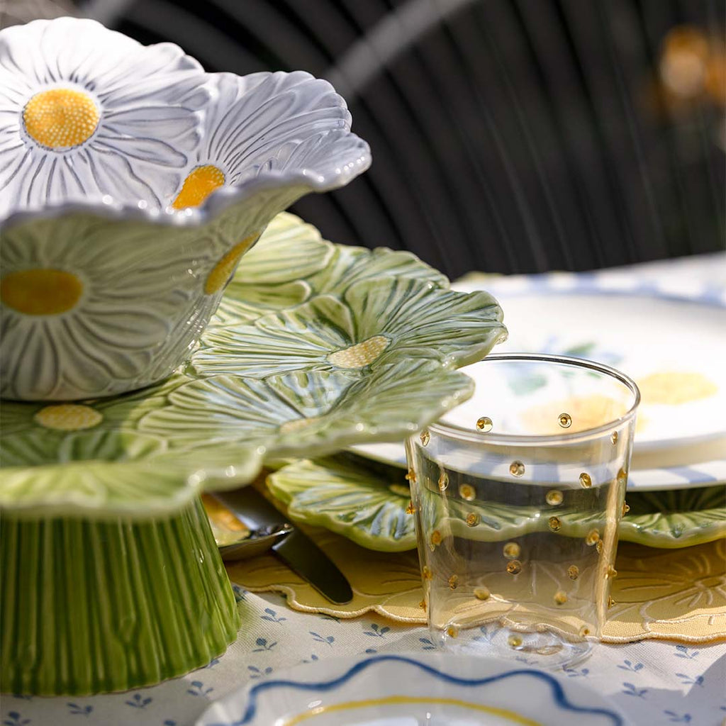 Bajo Plato Margaritas Verdes y Amarillo. Set de 4
