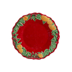 Plato Ensalada Rojo con Hojas y Naranjas 22 cm. Set de 4.