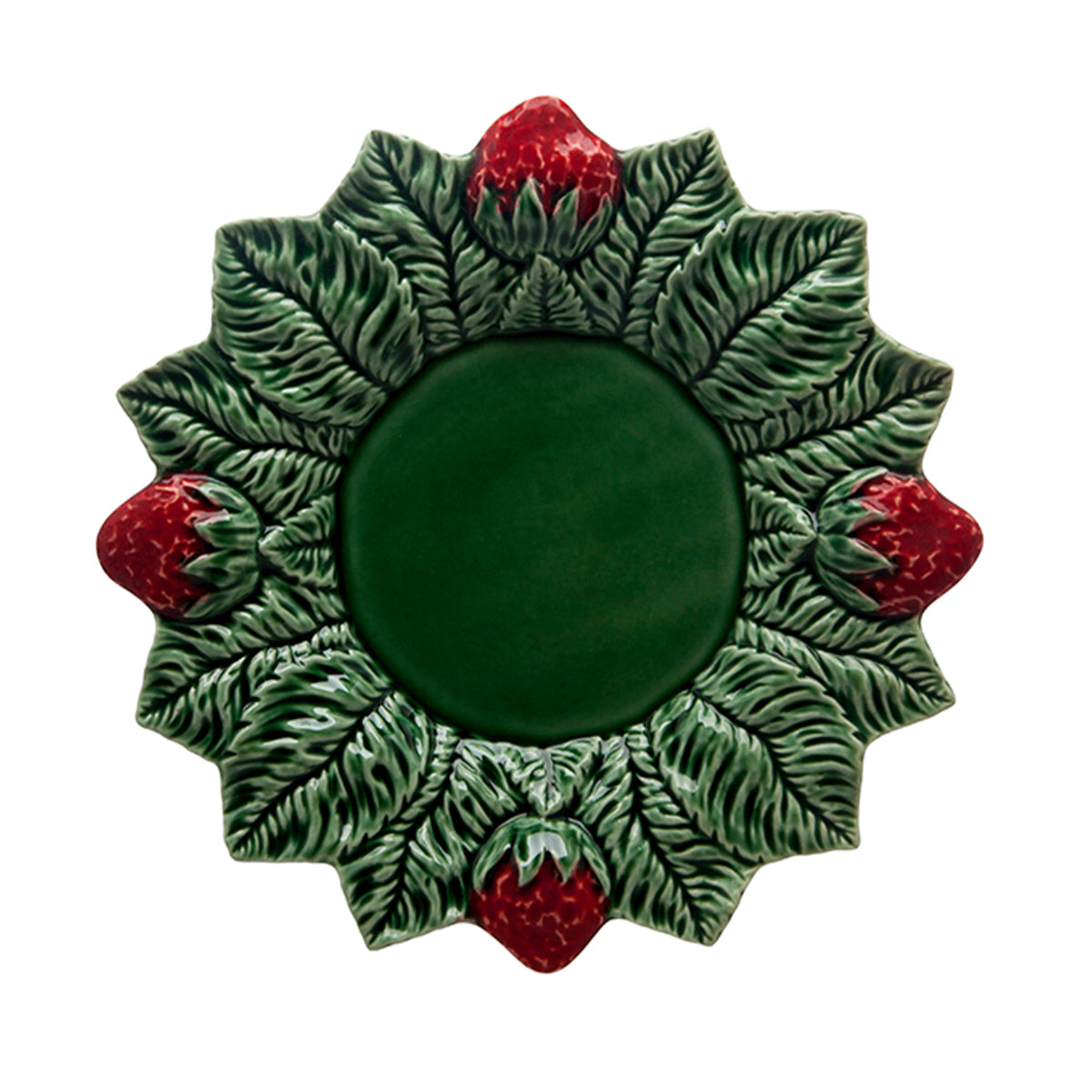 Plato trinche de cerámica verde en forma de hojas y fresas, marca Bordallo Pinheiro