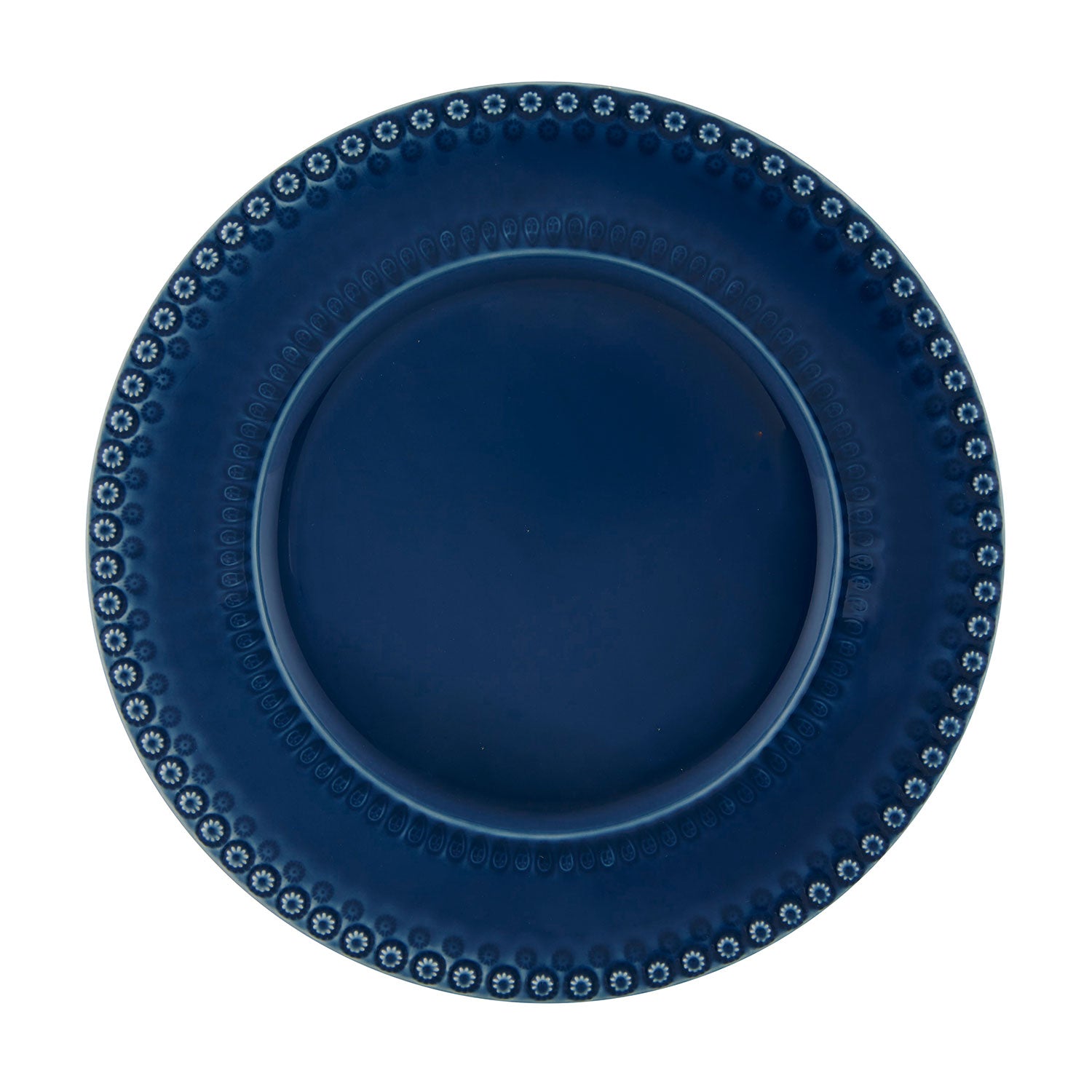 Plato trinche Fantasía de cerámica azul rey con borde decorado, marca Bordallo Pinheiro