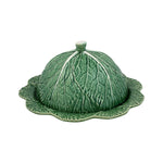 Quesera con tapa de cerámica en forma de hoja de repollo verde, marca Bordallo Pinheiro