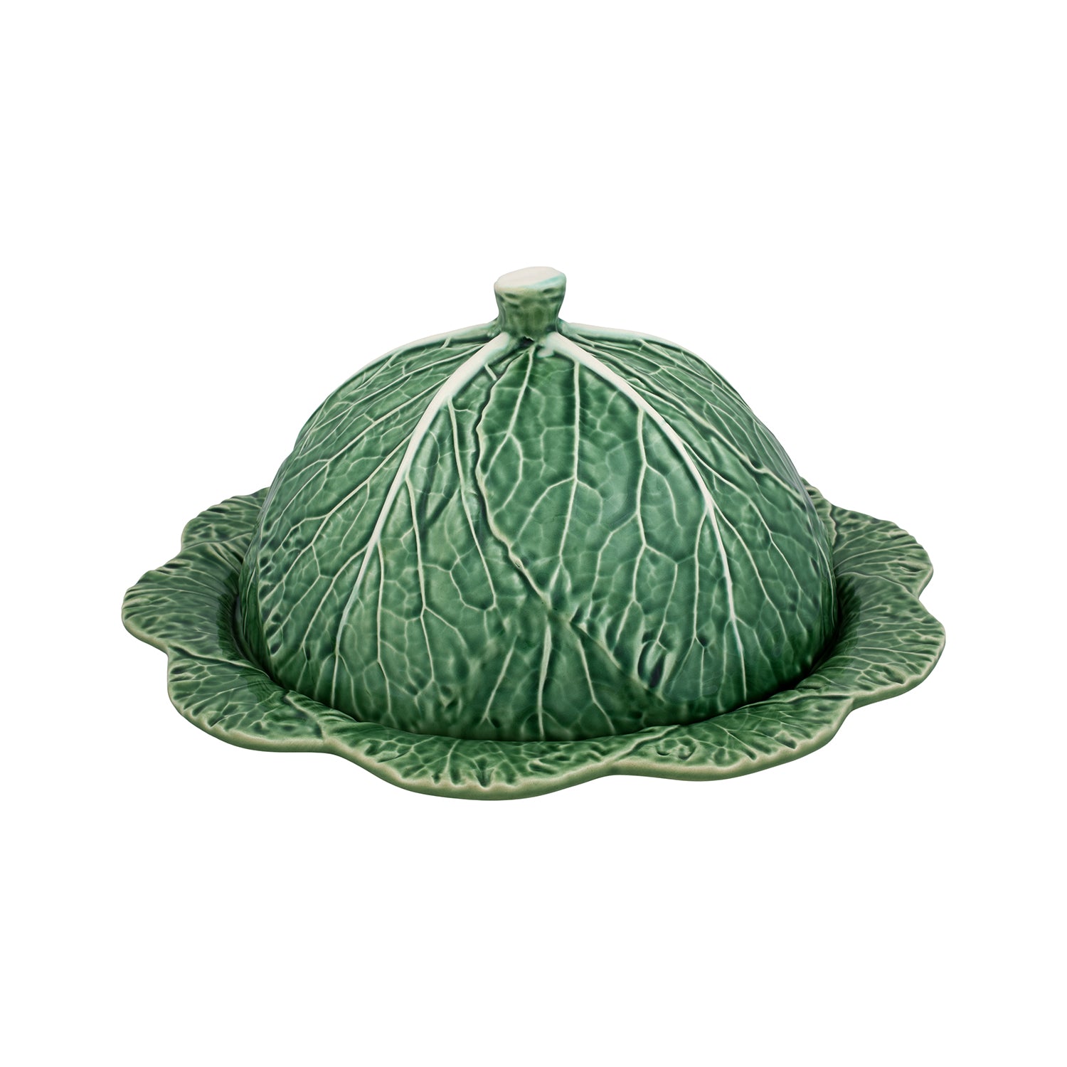 Quesera con tapa de cerámica en forma de hoja de repollo verde, marca Bordallo Pinheiro