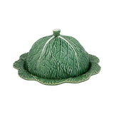 Quesera con tapa de cerámica en forma de hoja de repollo verde, marca Bordallo Pinheiro