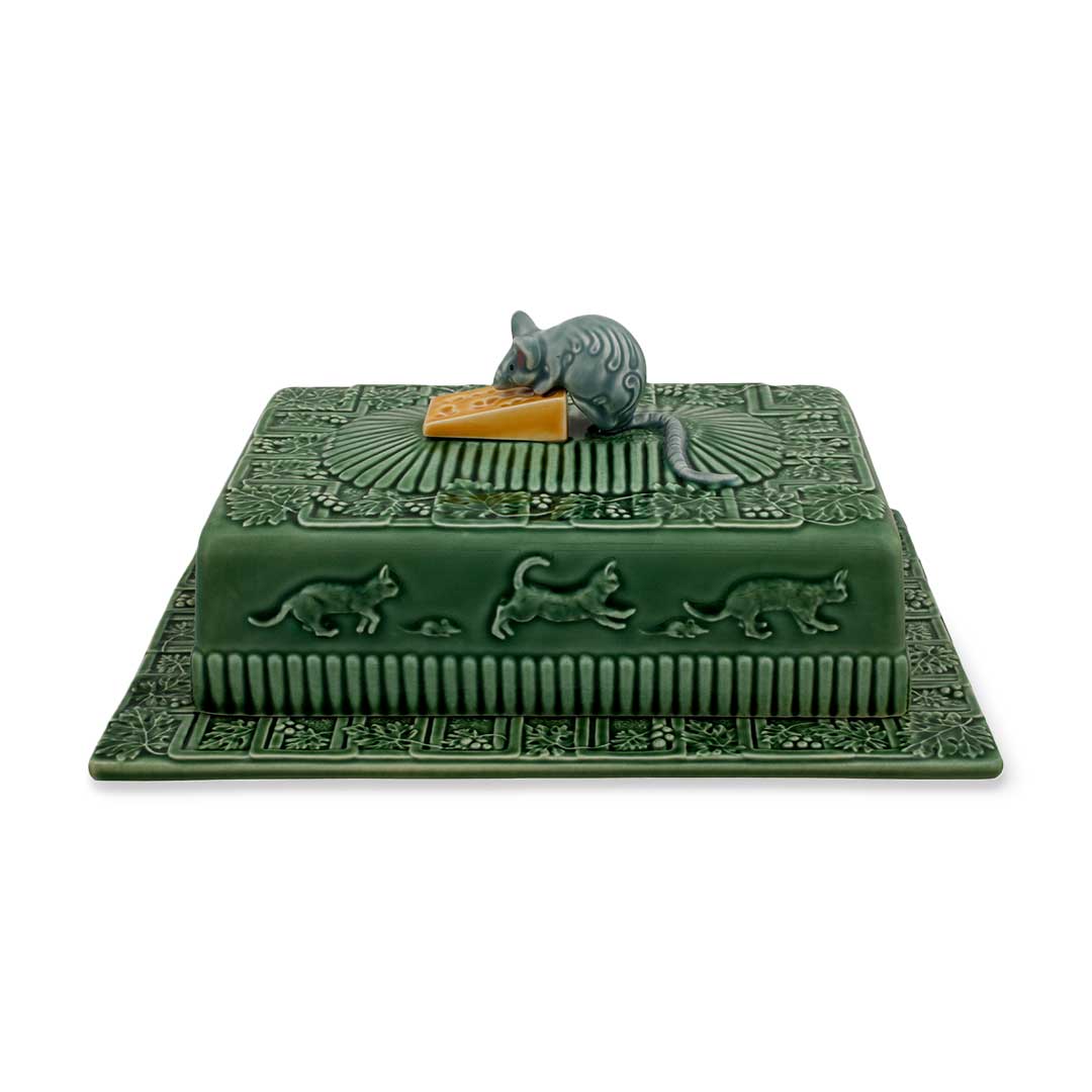 Quesera verde de ratón con quesito de cerámica con tapa, marca Bordallo Pinheiro