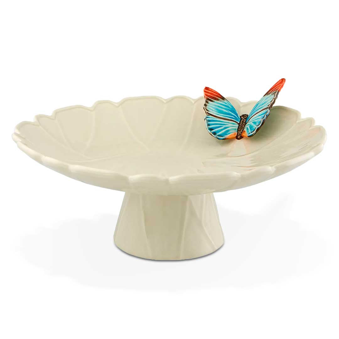 Pastelero de cerámica crema con mariposa azul, colección Cloudy de Bordallo Pinheiro