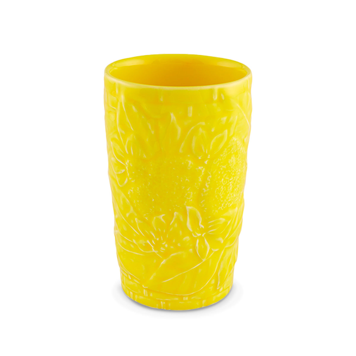 Vaso para agua alto de cerámica amarillo con motivos de limón amarillo, de la colección Carmen de Bordallo Pinheiro