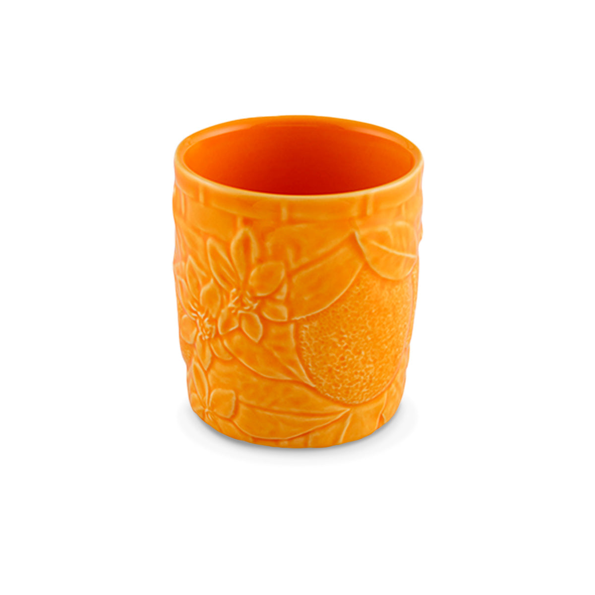 Vaso bajo para agua de cerámica naranja con decoración de naranjas, de la colección Carmen de Bordallo Pinheiro