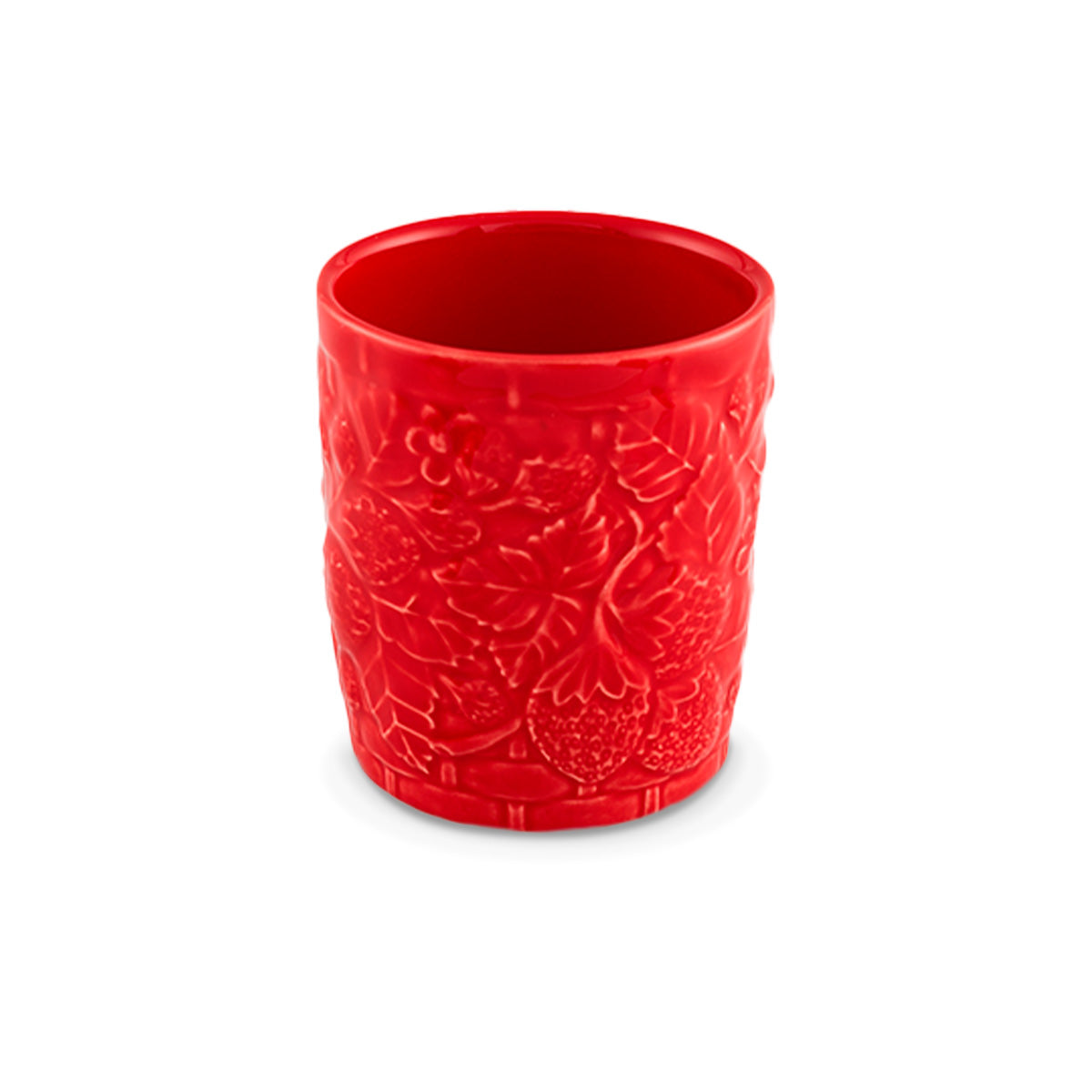 Vaso de agua bajo de cerámica rojo con decoración de fresas, de la colección Carmen de Bordallo Pinheiro