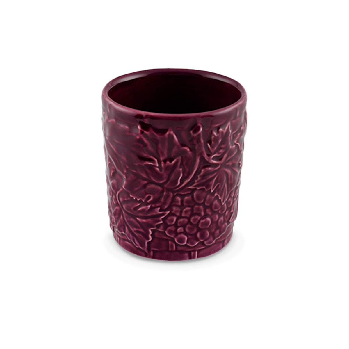 Vaso bajo para agua de cerámica morado decorado con uvas, de la colección Carmen de Bordallo Pinheiro