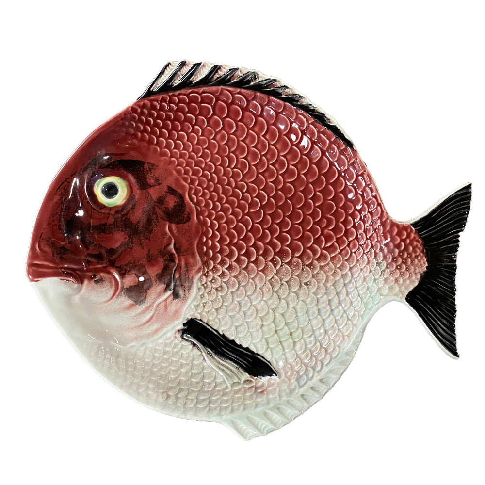 Plato trinche de cerámica en forma de pez Huachinango color rojo, marca Bordallo Pinheiro
