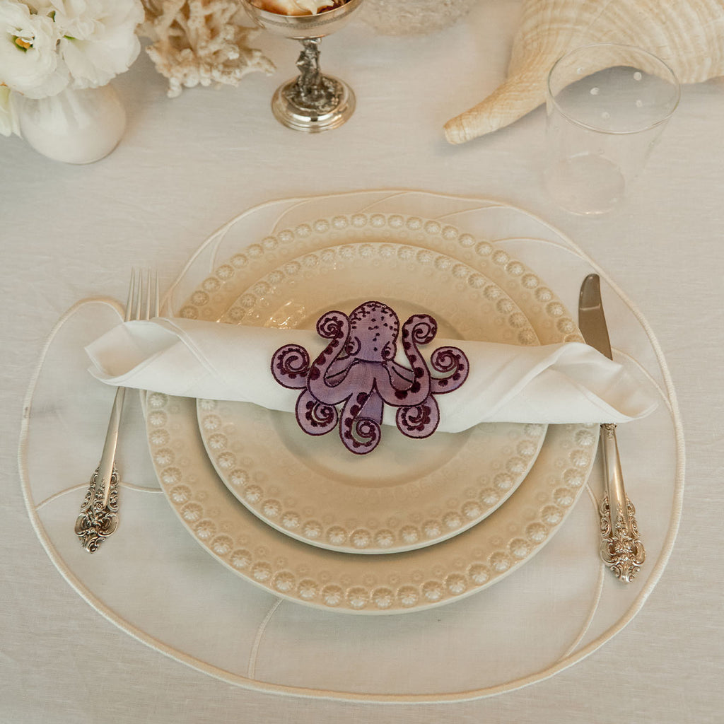Servilleteros La Mar Bodado de Pulpo en Lino Morado . Set de 4