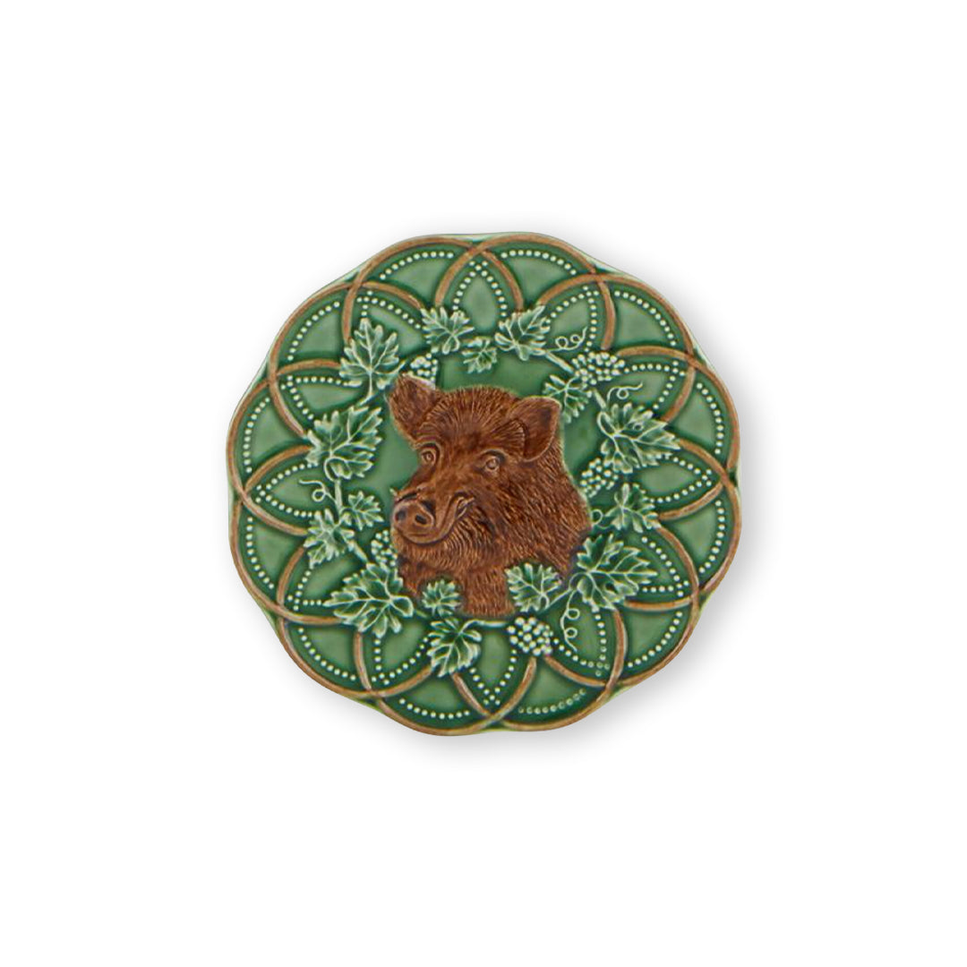 Plato de pan o postre de cerámica verde con uvas y un Jabalí cafe, marca Bordallo Pinheiro