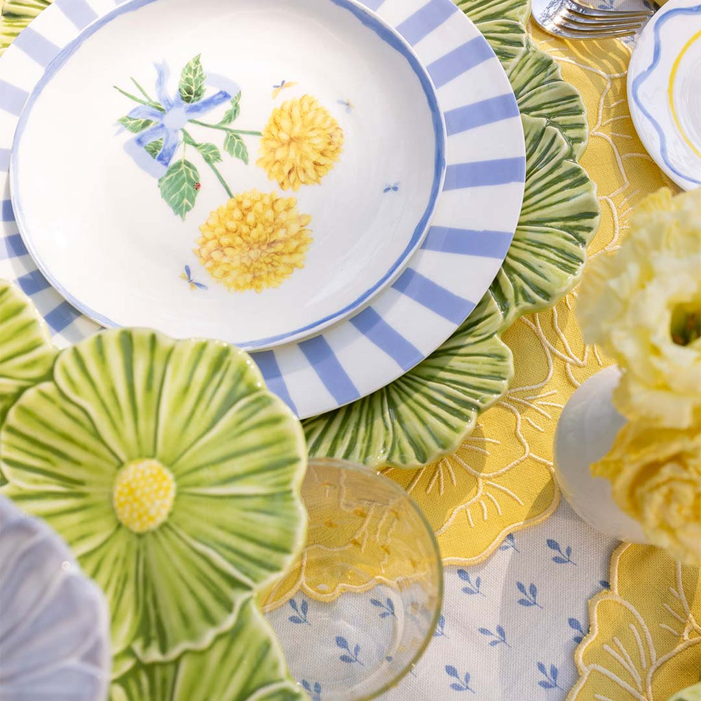 Bajo Plato Margaritas Verdes y Amarillo. Set de 4