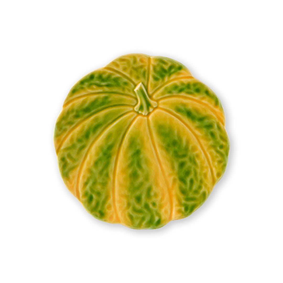 Plato de ensalada de cerámica en forma de calabaza amarilla con verde, marca Bordallo Pinheiro