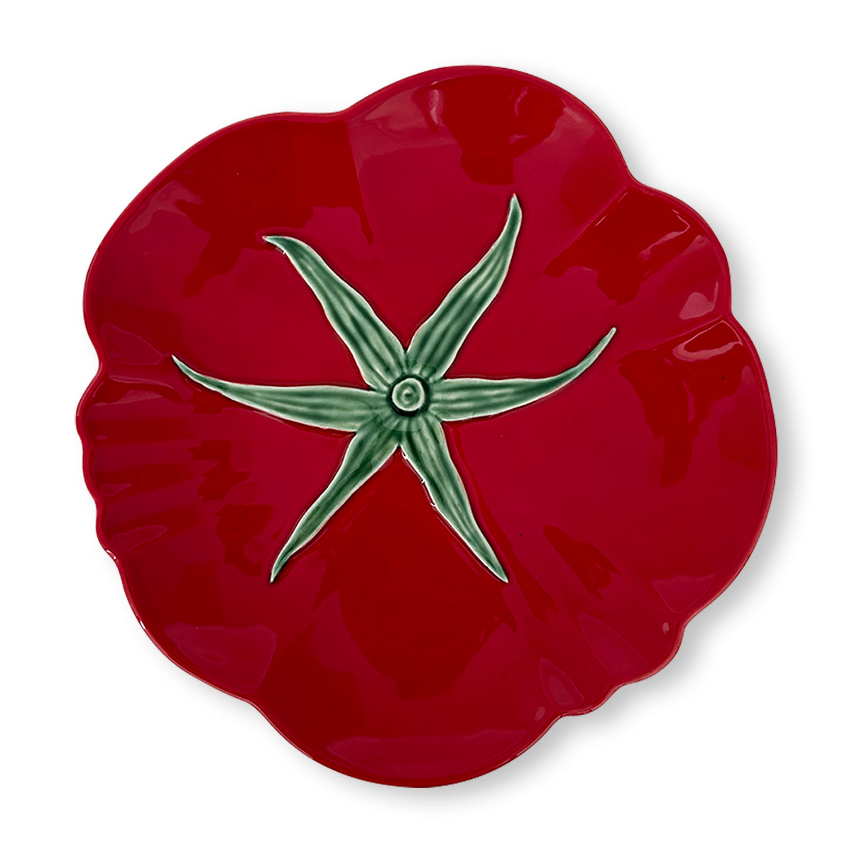 Plato trinche de cerámica roja en forma de tomate, marca Bordallo Pinheiro