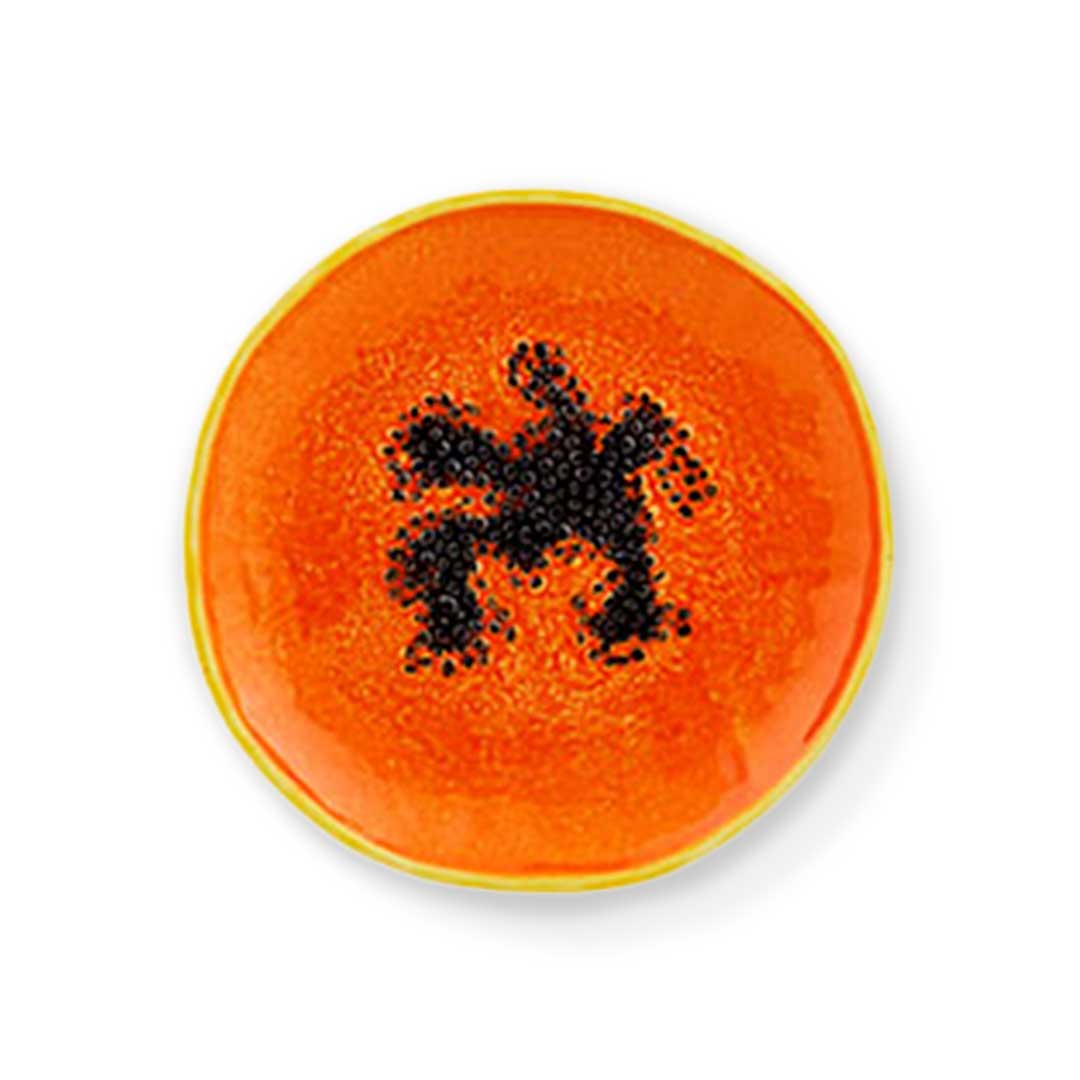 Plato de ensalada de cerámica naranja en forma de fruta Papaya, marca Bordallo Pinheiro