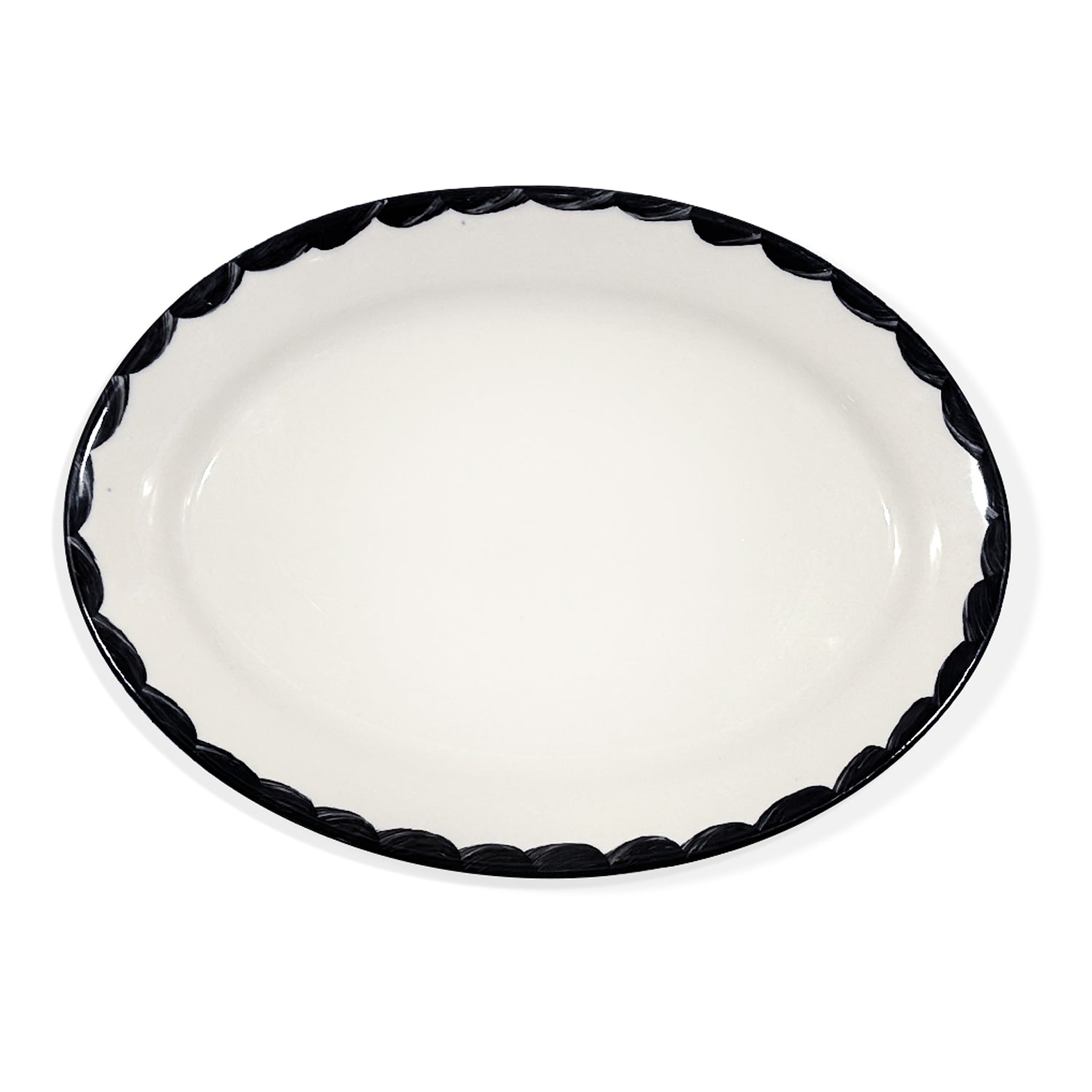 Platon para servir ovalado mediano de 31 cm de cerámica blanco con orilla decorado en negro, artesanal de Anfora para Zash