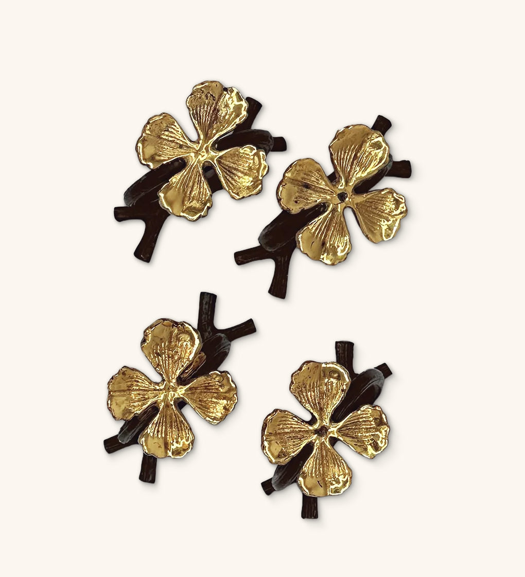 Anillos Servilleteros en Forma de Rama con Trébol de 4 Hojas Dorado Lucky Clover