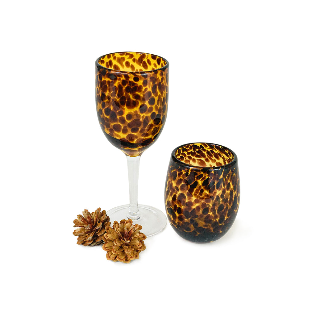 Copa y vaso de vidrio soplado con textura de cheetah