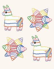 Cocteleras Posada en Lino Blanco con Bordado de Piñata y Burrito de Colores. Set de 4