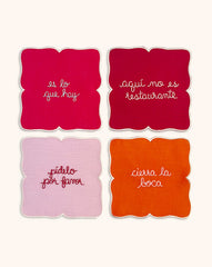 Cocteleras con Frases de Modales en Lino con Bordado de Colores . Set de 4. Vol 1.