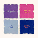 Cocteleras con Frases de Modales en Lino con Bordado de Colores . Set de 4. Vol 2