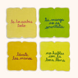 Cocteleras con Frases de Modales en Lino con Bordado de Colores . Set de 4. Vol 3