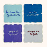 Cocteleras con Frases de Modales en Lino con Bordado de Colores . Set de 4. Vol 4