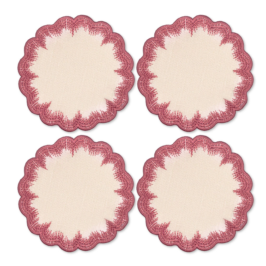 Coasters Vivi en lino rosa con bordado de pelitos en las orillas, marca Zash