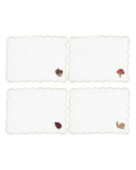 Cocteleras Fall en Lino Blanco con Bordado de Catarina, Bellota, Caracol y Hongo. Set de 4
