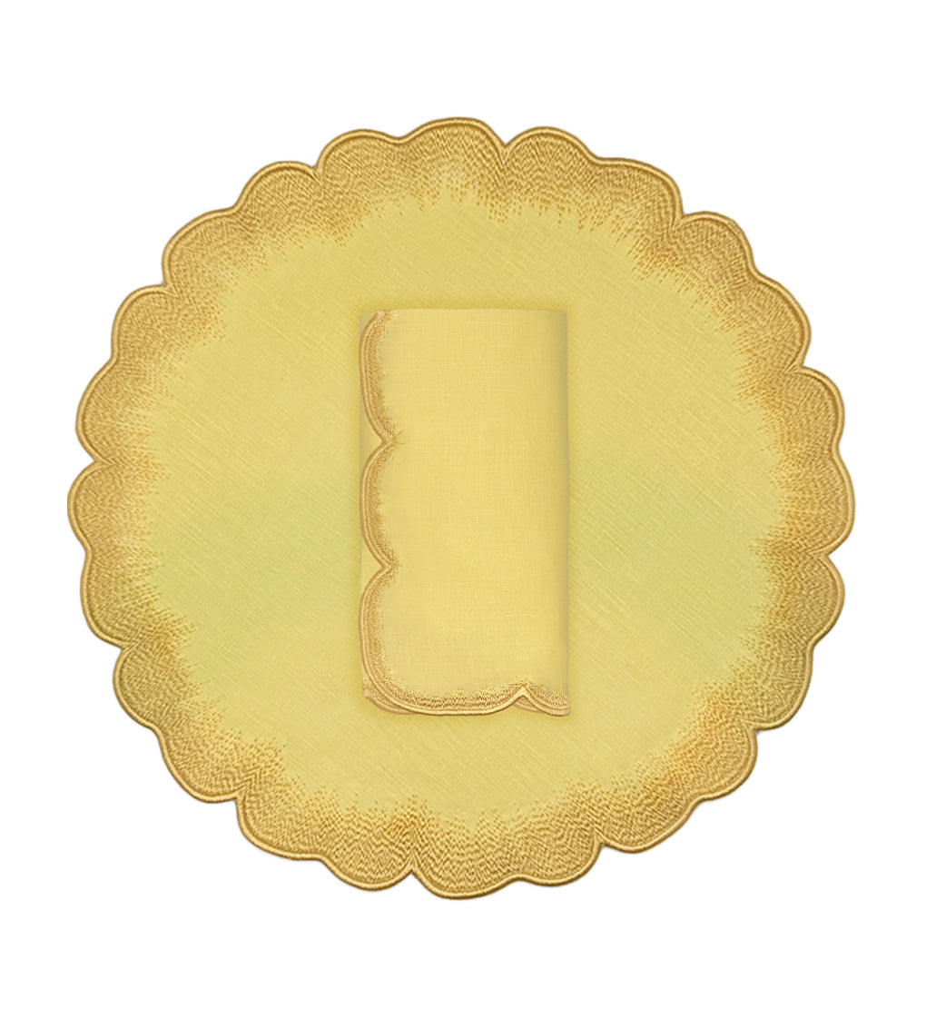 Set de mantelería con individual y servilleta en lino amarillo con orilla bordada, marca Zash