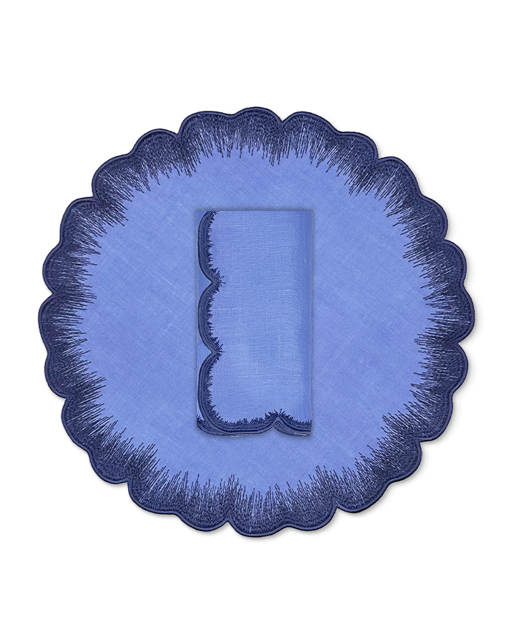 Set de mantelería Vivi con Individuales y Servilletas en lino azul con bordado de pelitos, marca Zash