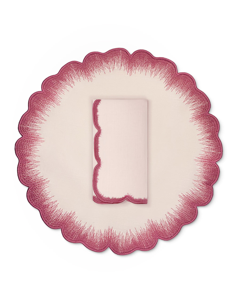 Set de mantelería con individuales y servilleta Vivi en lino rosa con orilla bordada con pelitos rosa oscuro, marca Zash