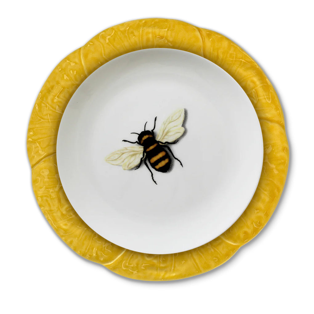 Set de vajilla con platos trinche de cerámica amarilla en forma de hoja de repollo y platos de ensalada de porcelana con abeja, marca Zash 