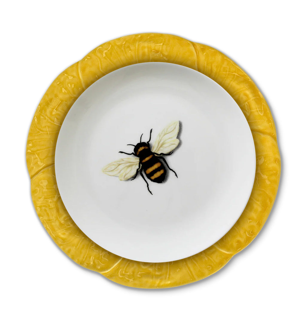 Set de vajilla con platos trinche de cerámica amarilla en forma de hoja de repollo y platos de ensalada de porcelana con abeja, marca Zash 