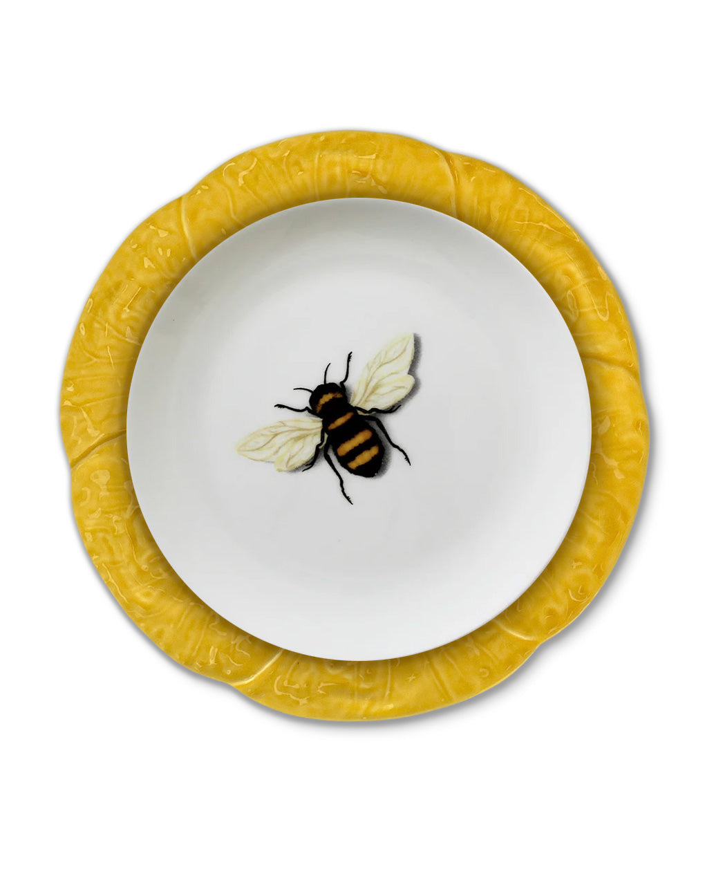 Set de vajilla con platos trinche de cerámica amarilla en forma de hoja de repollo y platos de ensalada de porcelana con abeja, marca Zash 