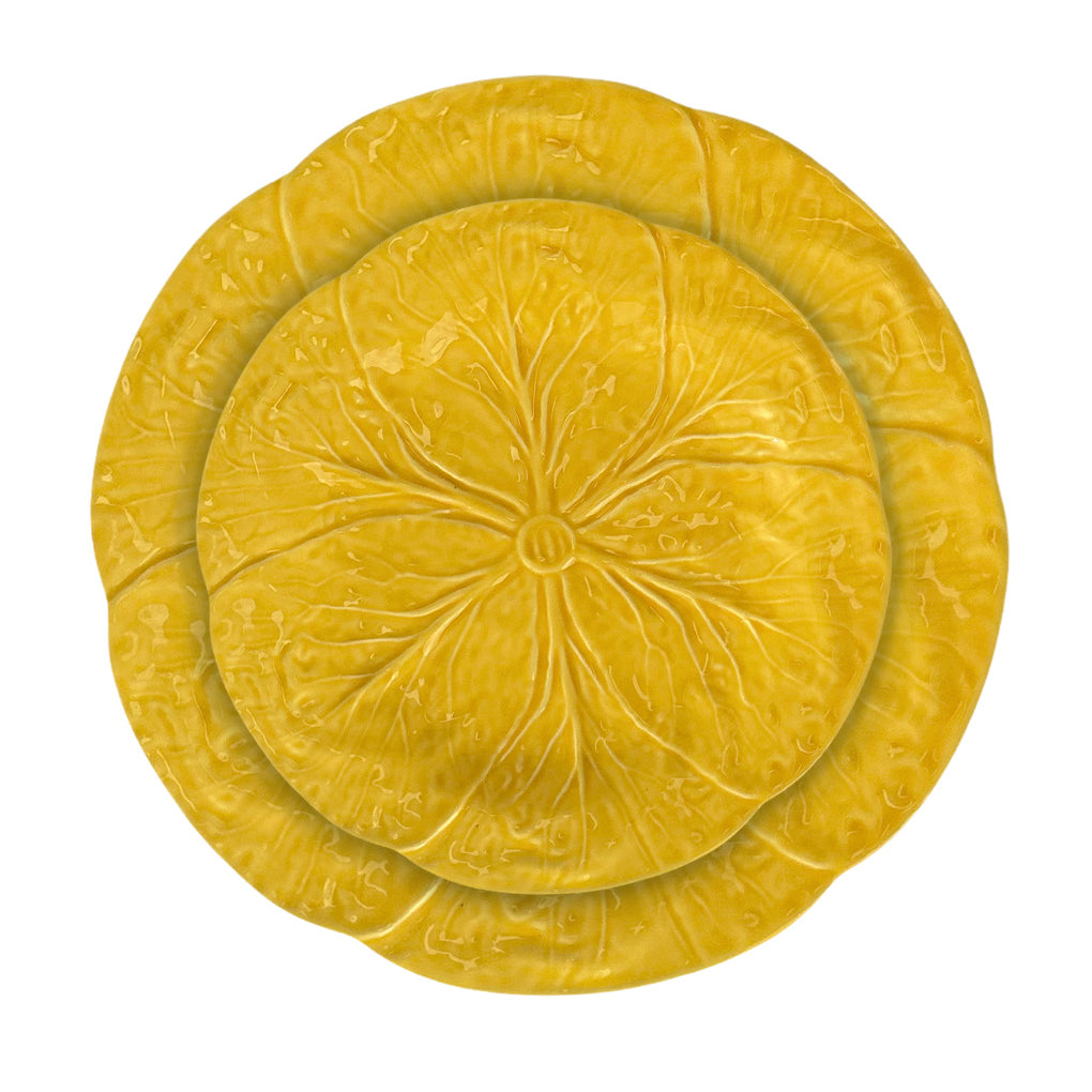 Set de vajilla con platos trinche y platos para ensalada de cerámica color amarillo, en forma de hojas de repollo, marca Zash