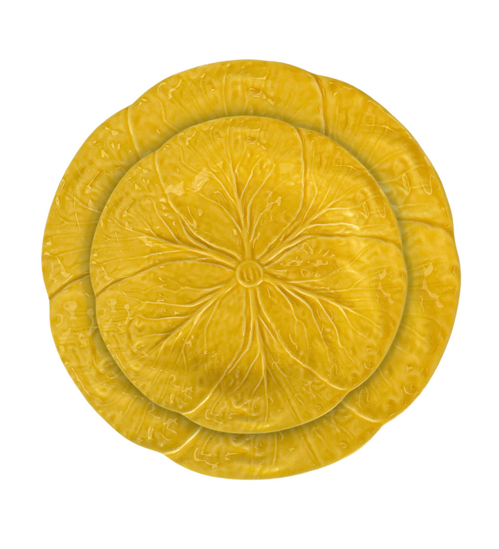 Set de vajilla con platos trinche y platos para ensalada de cerámica color amarillo, en forma de hojas de repollo, marca Zash