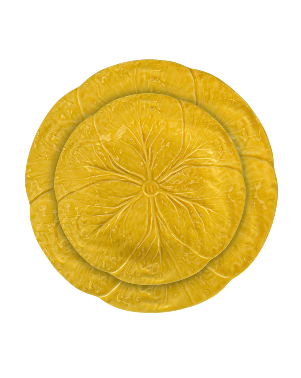 Set de vajilla con platos trinche y platos para ensalada de cerámica color amarillo, en forma de hojas de repollo, marca Zash