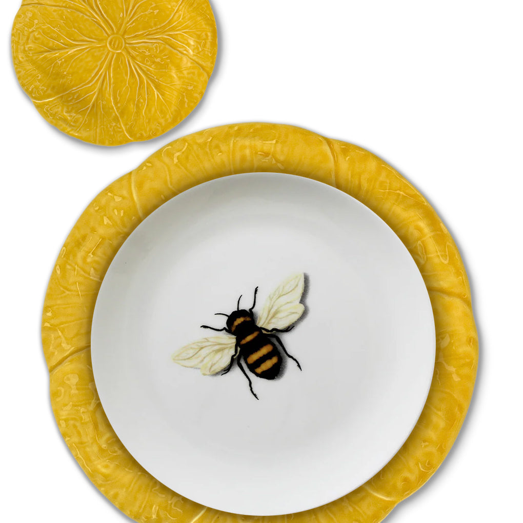 Set de vajilla con Plato trinche y plato de pan de cerámica amarilla en forma de hoja de repollo, y plato de ensalada de porcelana con abeja, marca Zash