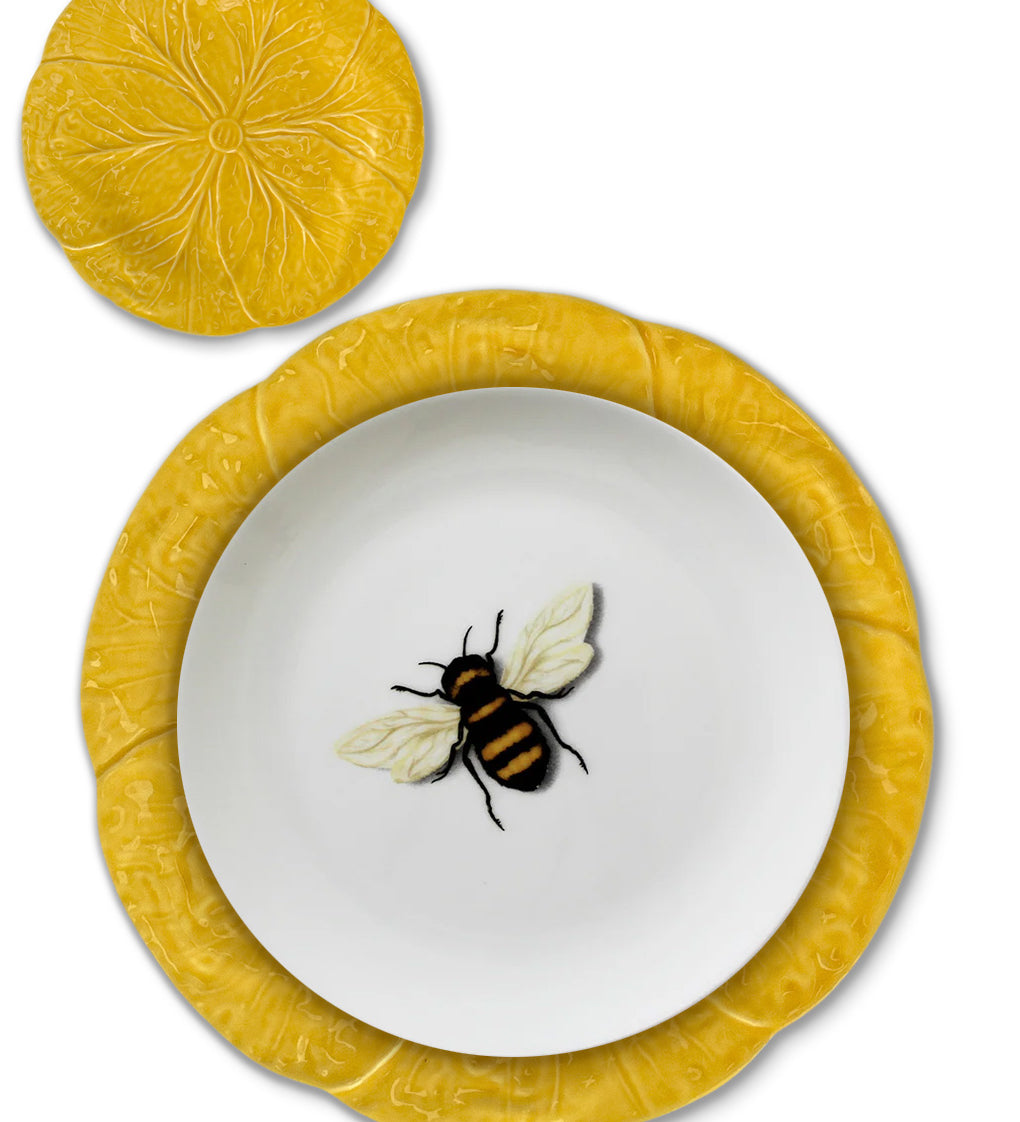 Set de vajilla con Plato trinche y plato de pan de cerámica amarilla en forma de hoja de repollo, y plato de ensalada de porcelana con abeja, marca Zash