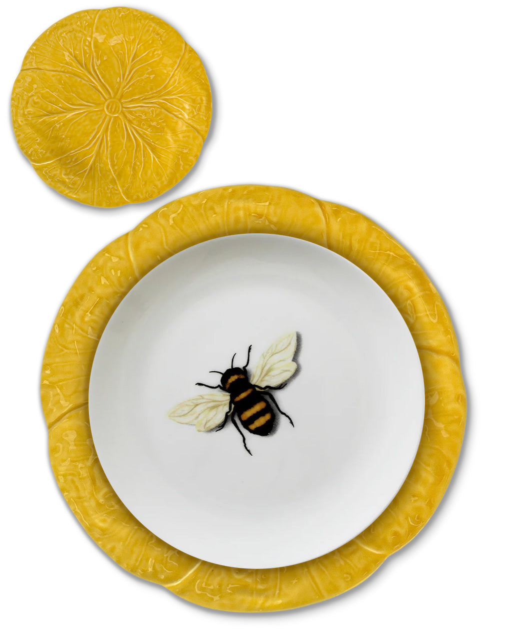 Set de vajilla con Plato trinche y plato de pan de cerámica amarilla en forma de hoja de repollo, y plato de ensalada de porcelana con abeja, marca Zash